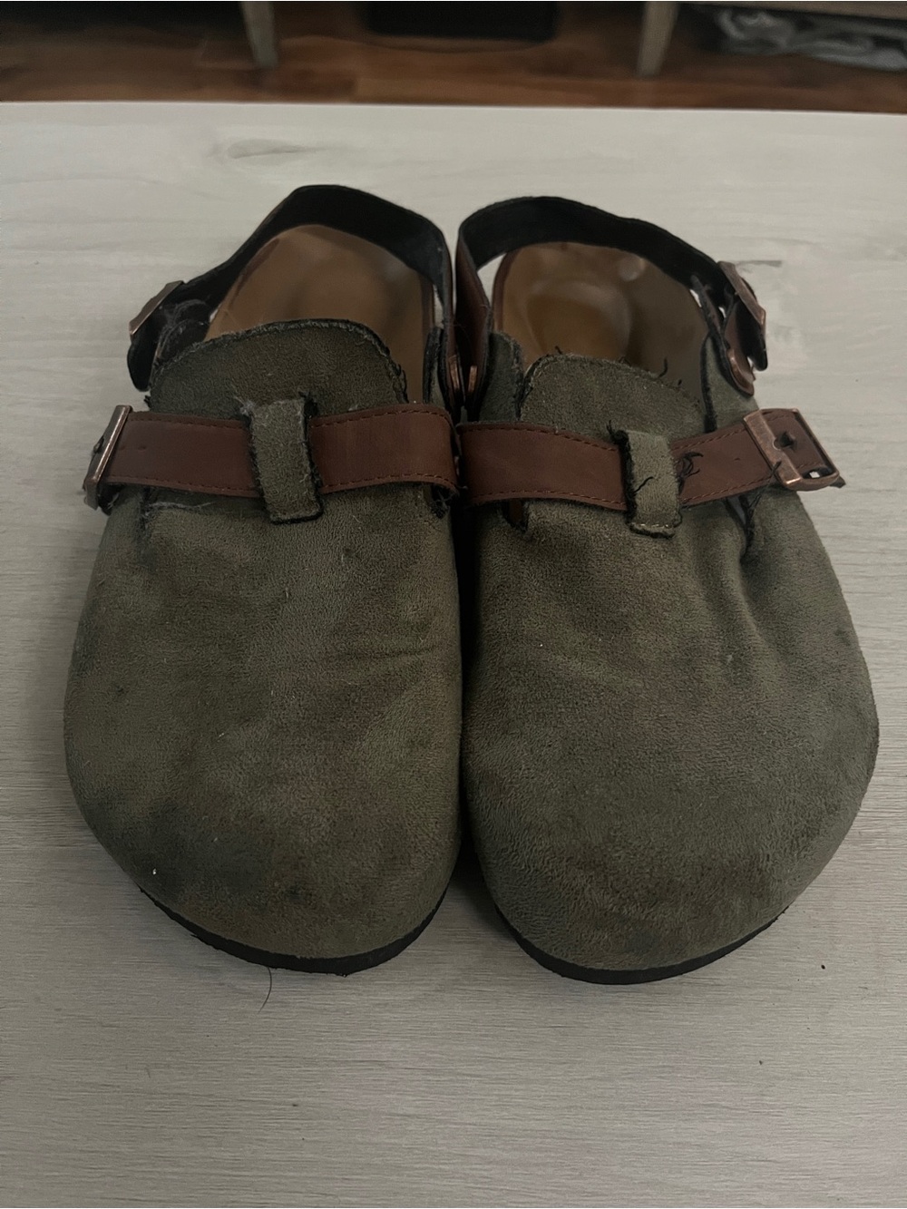 Women's Olive Suede Slip-On Mules with Brown Leather Strap